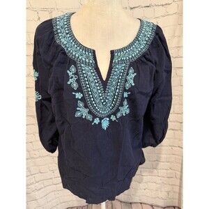 Talbots Women's Cotton Gauze Tunic Top Navy Blue Aqua Embroidery Romantic Large